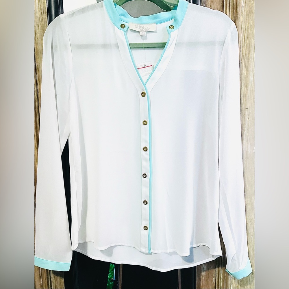 Olive & Oak Ivory Semi Sheer Button Top Blouse Long Sleeve, NEW WITH TAG. Size S